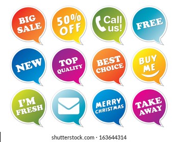 Stickers set in form of speech bubbles. Vector flat design