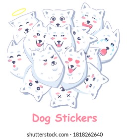 Stickers set, funny dogs Samoyed breed. Emoticons stickers with white fluffy puppies. For use in correspondence in social networks and instant messengers.