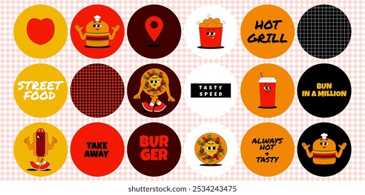 Stickers set with groovy fast food characters. Retro patches with burger, hot dog, pizza and more. Funky branding elements, slogan, quote. Trendy vector for bar, cafe, restaurant, delivery