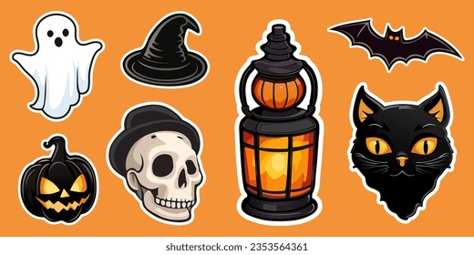 Stickers set of Halloween elements: ghost, pumpkin, witch hat, skull, oil lamp, bat, magic black cat. Stickers with white outline on orange. For print, poster, banner, scrapbooking, greeting card.