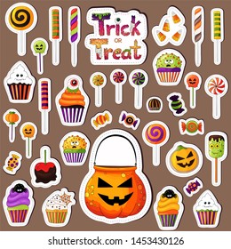 Stickers set of Halloween sweets. Big delicious collection. Hand drawn desserts stickers pack. Scrapbook elements, decoration icons. Halloween treats and treat bowl stickers patch. Isolated.