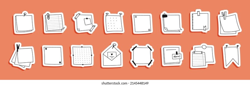 Conjunto de etiquetas de notas de notas dibujadas a mano que abarca el esquema del papel. Hojas cuadradas de papel Doodle Blank para notas. Diversos tipos de sobre con pines, clips, pegatinas, cinta adhesiva. Vector de recordatorios de sketch aislados.
