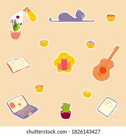 Stickers set of home comfort, self isolation, hobbies and leisure. Isolated icons of bakery, cupcakes, books, guitar, houseplants and cat. Can be used for design, textiles, packaging, wrapping paper