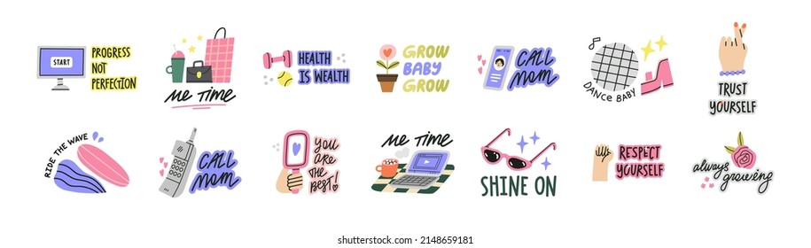 Los stickers están listos. Diseño inspirador y frases motivadoras en colores de moda. 
Citas sobre motivación, apoyo, autodesarrollo, aceptación y amor. Ilustraciones vectoriales aisladas en fondo blanco.