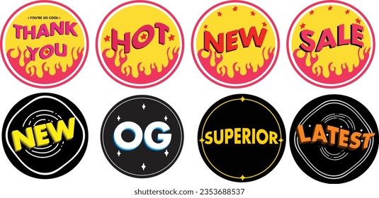  Stickers set isolated vector Hot , New ,Sale ,Thank you ,OG, Superior ,2d for print fire design concept