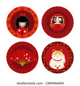 Stickers set with japanese symbols (kokeshi, daruma, hand fan, maneki neko)