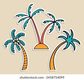 Conjunto de pegatinas de Elementos paisajísticos para viajes de vacaciones de verano, garabatos de Vector dibujados a mano en estilo plano. Colección de iconos de varias palmeras.