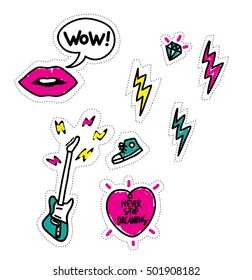 Stickers set with lips, wow bubble, sneakers, thunders, guitar, heart, diamond. Badges vector illustration. Rock Music style patches in Doodles style. 