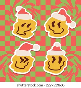 Stickers Set of Melted melted emoji face wearing Santa hat doodle art, 70s retro illustration for t-shirt, sticker, or apparel merchandise. Vector flat hand drawn illustration on checkered background.