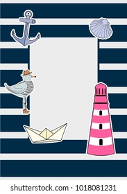 Stickers set. Nautical poster. Paper boat, anchor, lighthouse, seagull, shell 