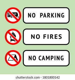Los stickers se establecen sin camping, sin incendios, sin estacionamiento, listos para imprimir