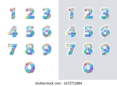 Stickers set of numbers font with colorful stars. Good for anniversaries, birthdays, holidays and others. Vector illustration.