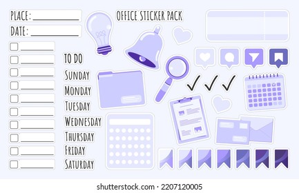 Stickers Set of office elements like a calendar, clock or coffee in flat style. Date, place, to do, days of the week and calendar stickers for notebook, diary, organizer or planner