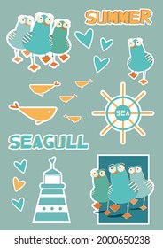 Stickers set on a marine theme with a funny and cheerful seagull