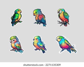 Stickers set of Parrots. Set of cute cartoon tropical birds stickers. Colorful, simple design, vector, sticker, sketch set on white background. Set of patches for clothing. Badges in retro style.