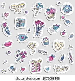 Stickers set in patch badges and pins with cartoon love staff, candy, hearts. Different stickers. Vector crazy doodles for valentines day