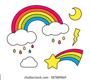 Stickers set with rainbow, star, cloud, moon for girls. Cool decoration elements isolated on white. Colored vector comic cartoon 80s-90s style. Cute fashion patch badges, pins