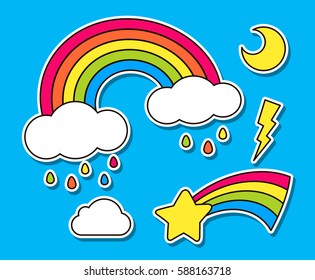 Stickers set with rainbow star cloud moon. Cool decoration elements isolated on blue Colored vector comic cartoon 80s 90s style. Cute fashion patch badges pins Design for children textile, interior