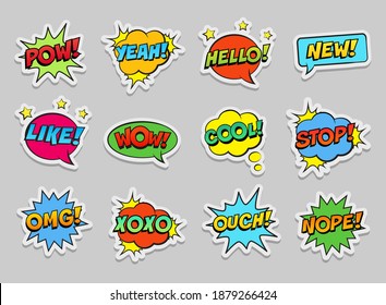 Sticker gesetzt, Retro-farbige Comic-Sprachblasen auf weißem Hintergrund gesetzt. Expression Text POW, YEAH, WOW, HELLO, YEAH, OMG, WIE, COOL, OUCH, NOPE, STOP, XOXO etc. Vektorgrafik, Pop-Art Stil.