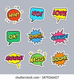 Stickers set, retro colorful comic speech bubbles set on white background. Expression text WIN, LOVE, NO, BOOM, CRASH, OK, OMG, KISS, AWWW. Vector illustration, pop art style.