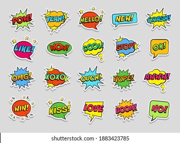 Stickers set, retro colorful comic speech bubbles set on white background. Expression text POW, YEAH, WOW, HELLO, YEAH, OMG, LIKE, COOL, OUCH, NOPE, STOP, XOXO etc. Vector illustration, pop art style.