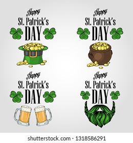 Stickers set for Saint Patricks Day with hat of a leprechaun, glass of beer, beard and mustaches, pot of gold coins