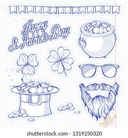 Stickers set for Saint Patricks Day, string of flags, pot of gold coins, beard with mustaches, sunglasses, hat of a leprechaun, clover leaf and lettering. Notebook background