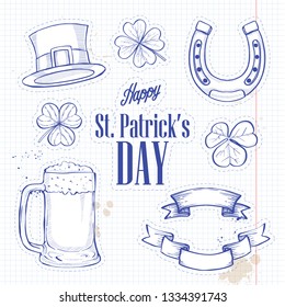 Stickers set for Saint Patricks Day, hat of a leprechaun, glass of beer, ribbons, horseshoe, clover leaf, lettering. Notebook background