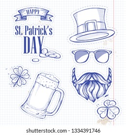 Stickers set for Saint Patricks Day, glass of beer, clover leaf, hat of a leprechaun, beard and mustaches, sunnglasses, lettering. Notebook background
