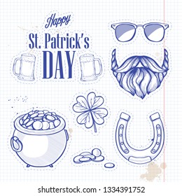Stickers set for Saint Patricks Day, pot of gold coins, beard and mustaches, sunglasses, horseshoe, clover leaf, lettering. Notebook background