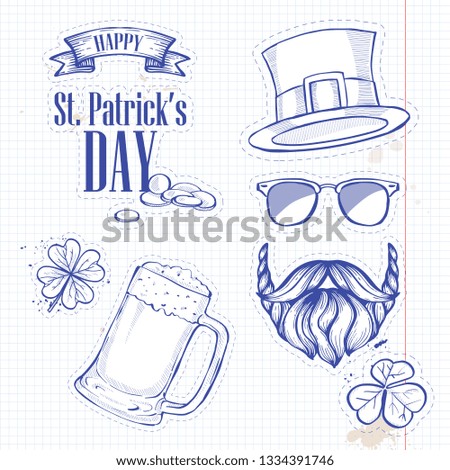 Stickers set for Saint Patricks Day, glass of beer, clover leaf, hat of a leprechaun, beard and mustaches, sunnglasses, lettering. Notebook background