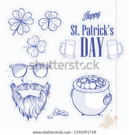Stickers set for Saint Patricks Day, glass of beer, clover leaf, beard and mustaches, sunnglasses, pot of gold coins, lettering. Notebook background