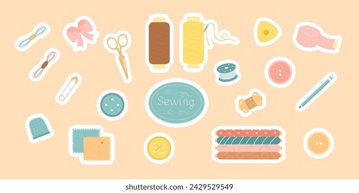 Stickers set of sewing and needlework. Color set of equipment for sewing, handicraft. Tailor tools. Vector collection, hand drawn, flat style.