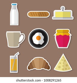 Stickers set of simple breakfast food icons flat on brown background vector illustration