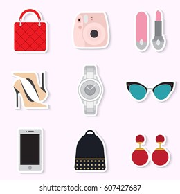 Stickers set of simple fashion flat objects on  white background vector illustration