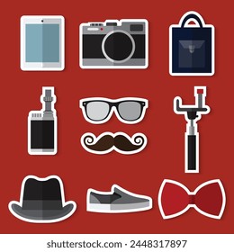 Stickers set of simple hipster acсessory flat icons on orange background vector illustration