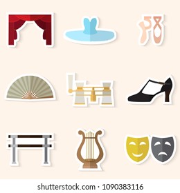 Stickers set of simple theater and ballet symbols flat icons on white background vector illustration