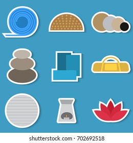 Stickers set of simple yoga equipment flat icons on blue background vector illustration