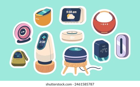 Pegatinas Set Con Altavoces Inteligentes, Cada Uno Con Diseños Y Características Únicas, Parches De Vector De Dibujos Animados Colección