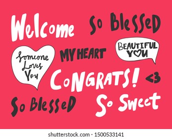 Stickers set for social media post. Vector hand drawn illustration design. Bubble pop art style. Good for poster, t shirt print, card, wallpaper, notebook, blog or video cover, posters