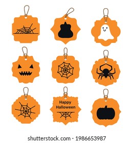 Stickers set with spider, cobweb variations, two pumpkin different shapes, cute white ghost, muzzle, face. Stickers and label. Vector flat. Horror halloween decor orange color. Spooky decoration.