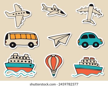 Stickers set of transportation hand drawn vector doodles in flat style for summer vacation travel. Vehicle hand drawn icons.