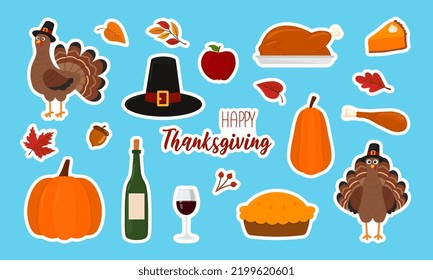 Stickers set with turkeys and holiday symbols on a blue background.  Great for greeting cards, design and more. Happy Thanksgiving.