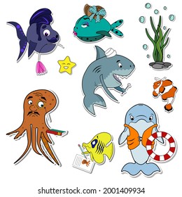 Stickers set undersea world. Cartoon animals of the ocean. Vector illustration. Cute sticker template decorated with a cartoon image. Stickers for notebooks, scrapbooking of for social netwoorks.
