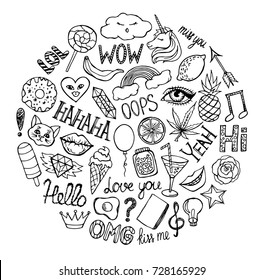 Stickers set stickers unicorn, lips, fashion, fruit, rainbow, sweets, things. Hand drawn set vector stickers illustration. Cloth, print, design, icon, paper, card, cloth,  wrapping, wallpaper. Eps10