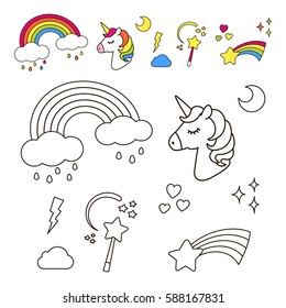 Stickers set with unicorn, rainbow, star, cloud, magic wand  for girls Cool decoration elements Vector comic cartoon 80s-90s style Line art design for anti stress coloring book