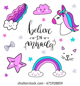 Stickers set with unicorn, rainbow, star, cloud cat face, smiling star for girls. Cool decoration interior elements. Vector cartoon illustrations. Cute set of fashion patch badges, pins, tags, tshirts