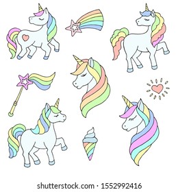 Stickers set with Unicorns and other elements for girls. Vector illustration isolated on white background.