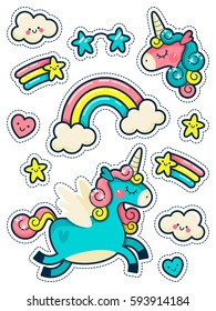 Stickers Set with Unicorns, Rainbow and Stars