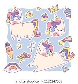 Stickers set with unicorns, stars, rainbow, cupcake, ice cream, diamond, pizza, and crown. Fashion patch badges with unicorn items in pastel colors.